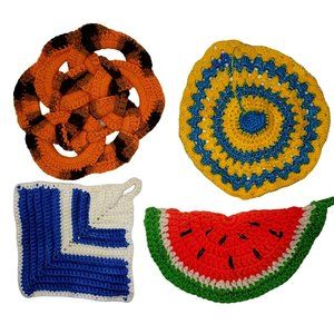 vintage hand made pot holder trivets. watermelon circle square woven